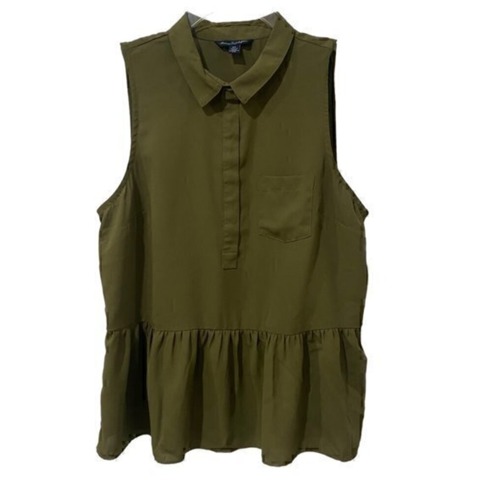 American Eagle Outfitters Women Blouse Olive Sleeveless Snap Down Peplum Hem M